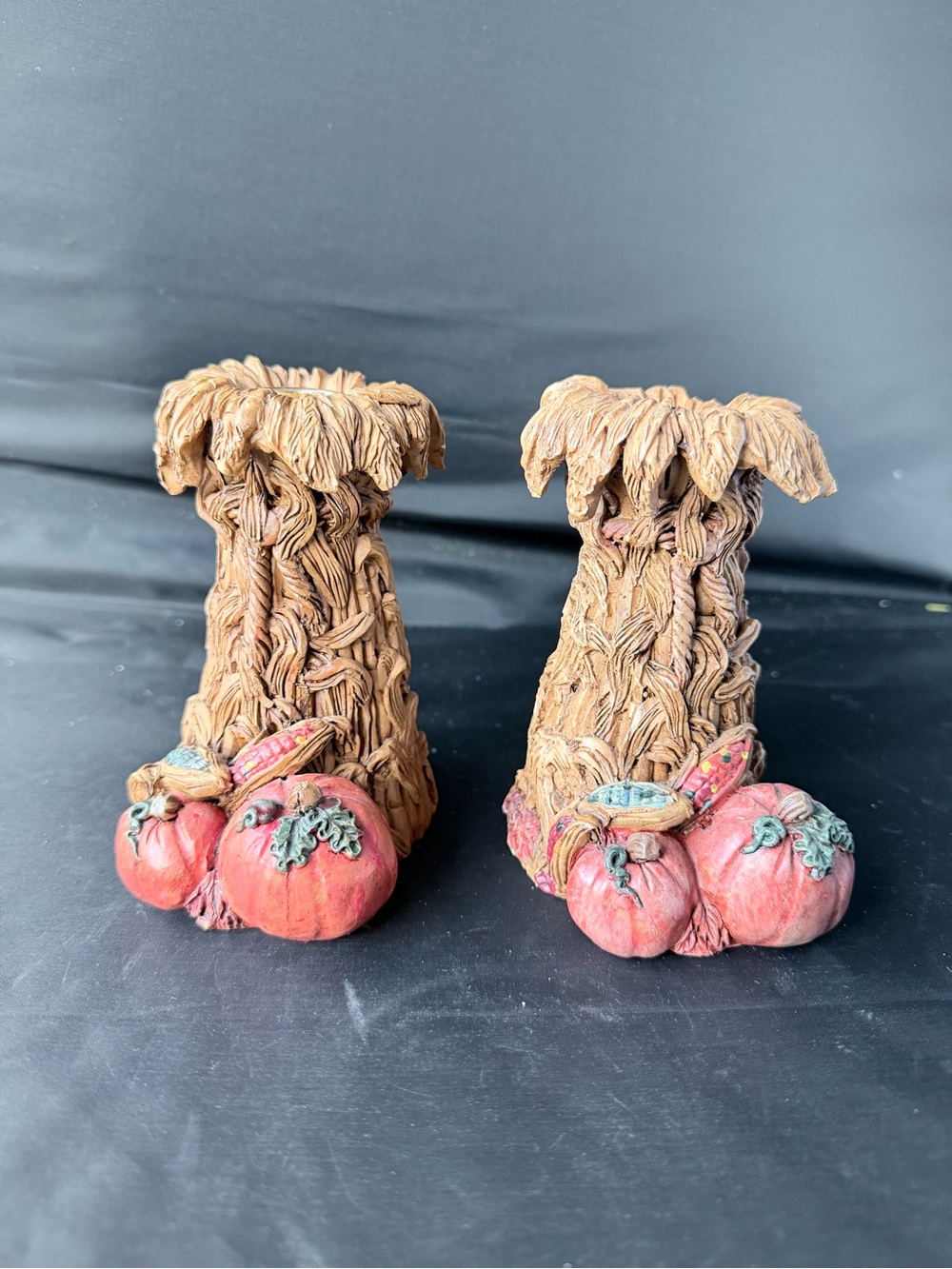 Set 2 Kurt S Adler Candlesticks Corn Shocks Autumn Fall Harvest Pumpkins Resin